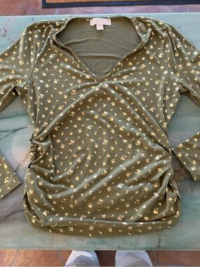 Michael Kors Olive Green Long-Sleeve V-Neck Top with Cream Floral Print